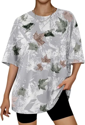 Womens Camo T-Shirt Maple Leaf Print Oversized Summer Tops Casual Loose Short Sleeve Crewneck Camouflage Shirts