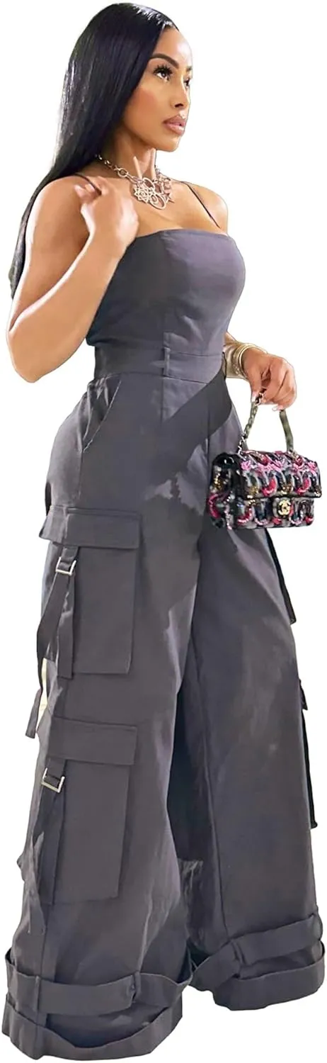 Womens Cargo Jumpsuit Sexy One Piece Outfit Wide Leg Romper Multi Pockets Overalls