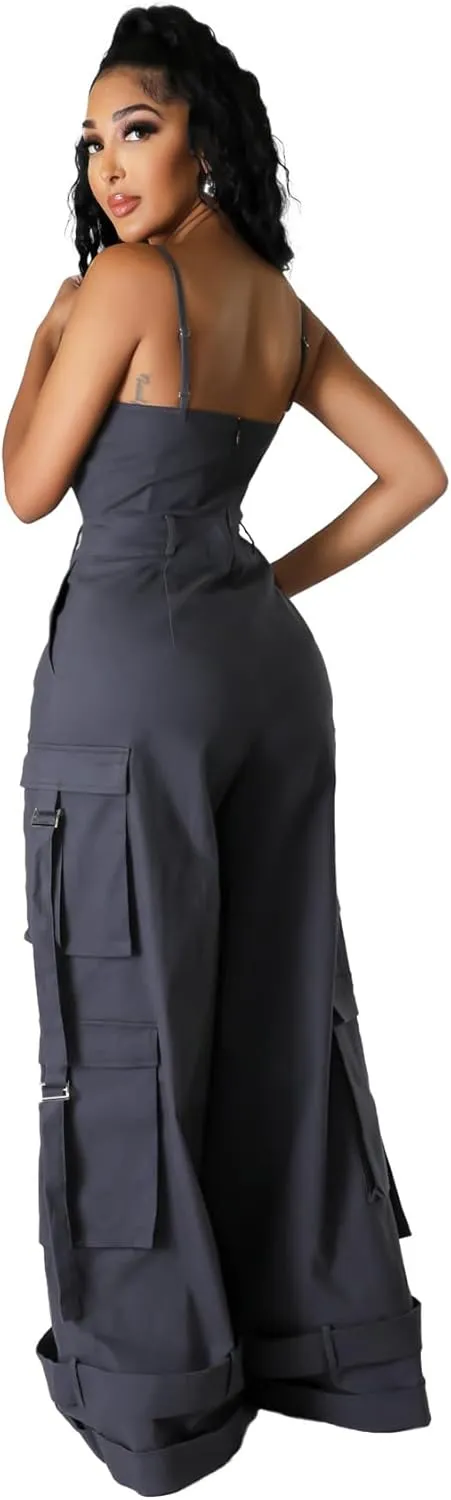 Womens Cargo Jumpsuit Sexy One Piece Outfit Wide Leg Romper Multi Pockets Overalls
