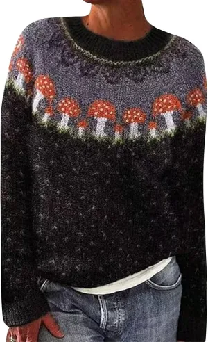 Womens Casual Fair Isle Print Knitted Pullover Women's Knitted Isle Print Retro Sweater Casual Loose Crewneck Long