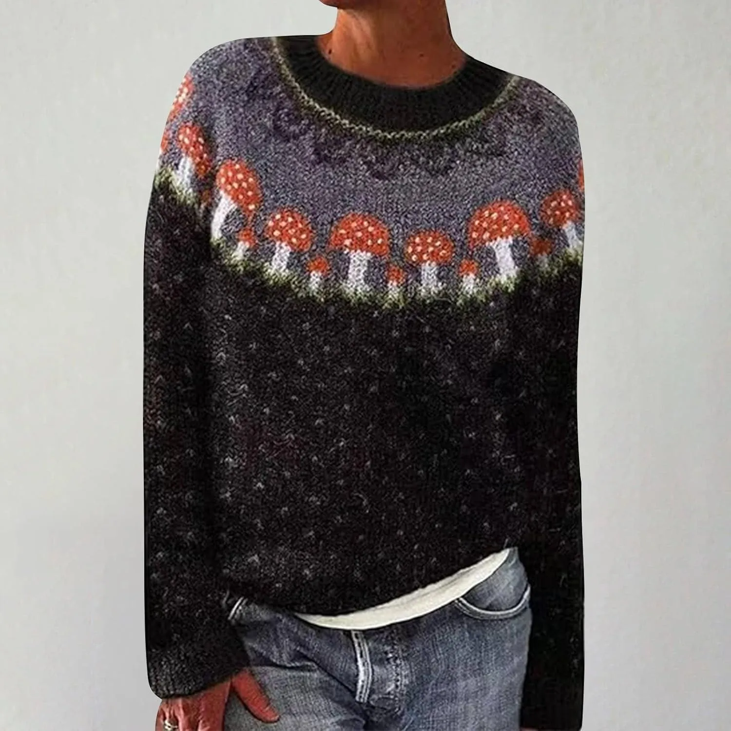 Womens Casual Fair Isle Print Knitted Pullover Women's Knitted Isle Print Retro Sweater Casual Loose Crewneck Long