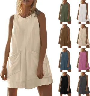 Women's Casual Rompers Summer Linen Jumpsuits Sleeveless Shorts Jumpsuits with Pockets One Piece Loose Overalls
