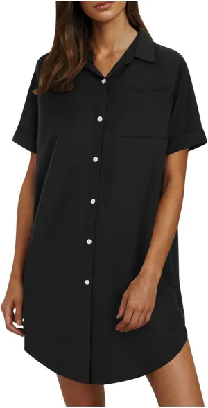 Women's Casual Shirts Dress Fashion Lapel Button Down Short Sleeve Loose Dresses Summer Lounge Long Blouses