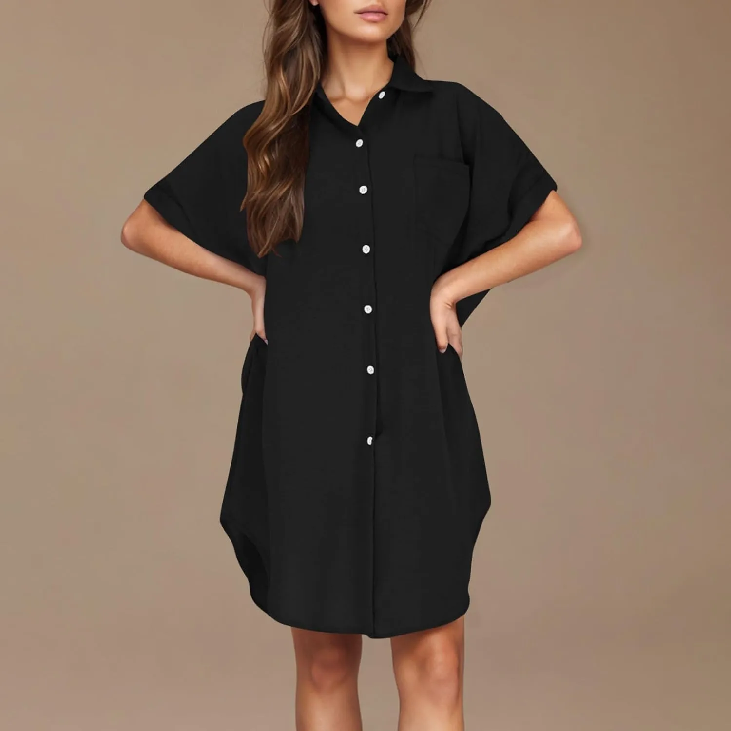 Women's Casual Shirts Dress Fashion Lapel Button Down Short Sleeve Loose Dresses Summer Lounge Long Blouses