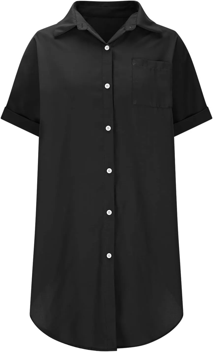 Women's Casual Shirts Dress Fashion Lapel Button Down Short Sleeve Loose Dresses Summer Lounge Long Blouses