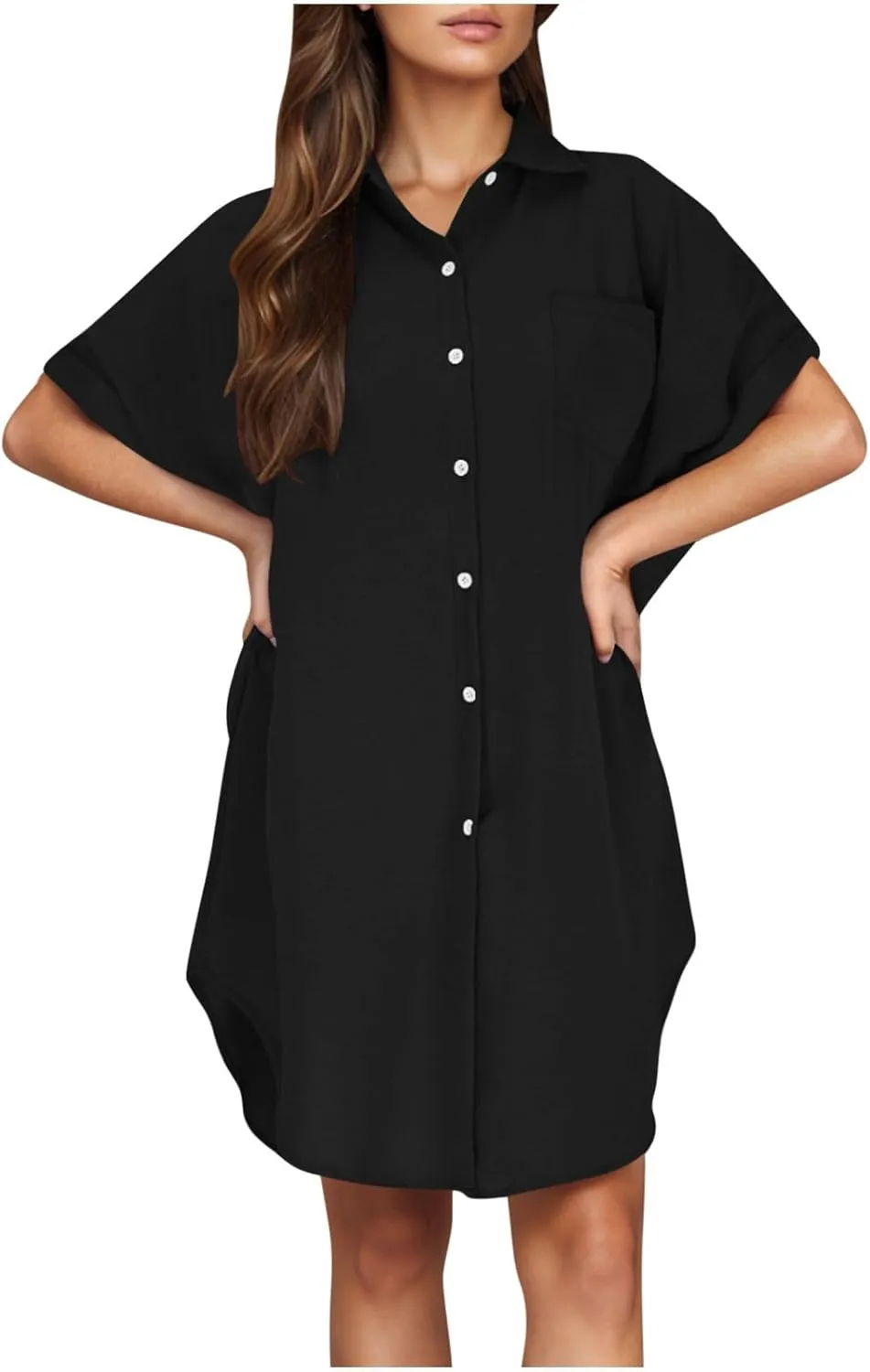 Women's Casual Shirts Dress Fashion Lapel Button Down Short Sleeve Loose Dresses Summer Lounge Long Blouses