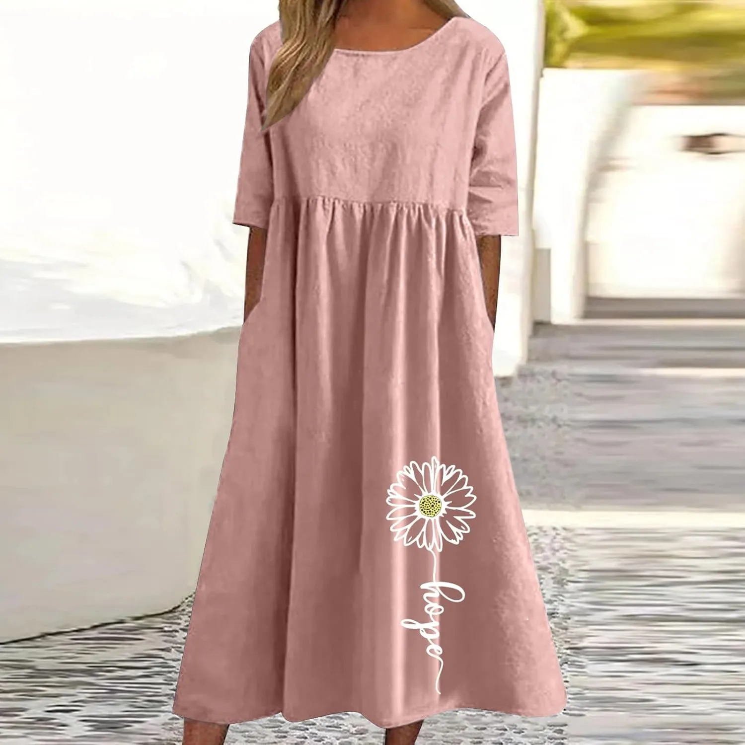 Women's Casual Short Sleeve Summer Long Dress Fashion Floral Print Pleated Loose Dress Comfort Lounge Dress