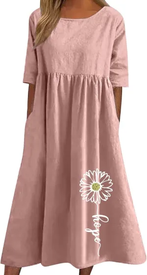 Women's Casual Short Sleeve Summer Long Dress Fashion Floral Print Pleated Loose Dress Comfort Lounge Dress