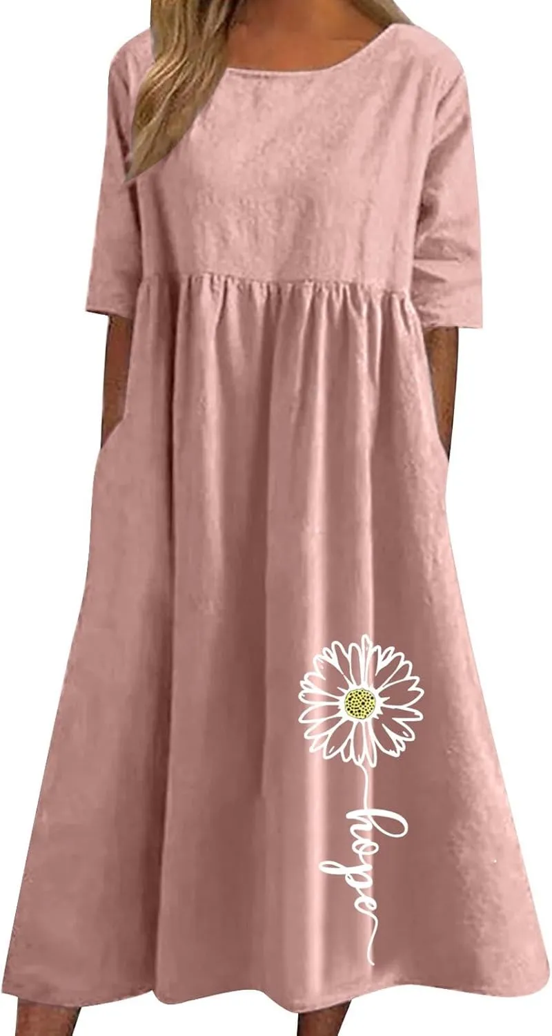 Women's Casual Short Sleeve Summer Long Dress Fashion Floral Print Pleated Loose Dress Comfort Lounge Dress