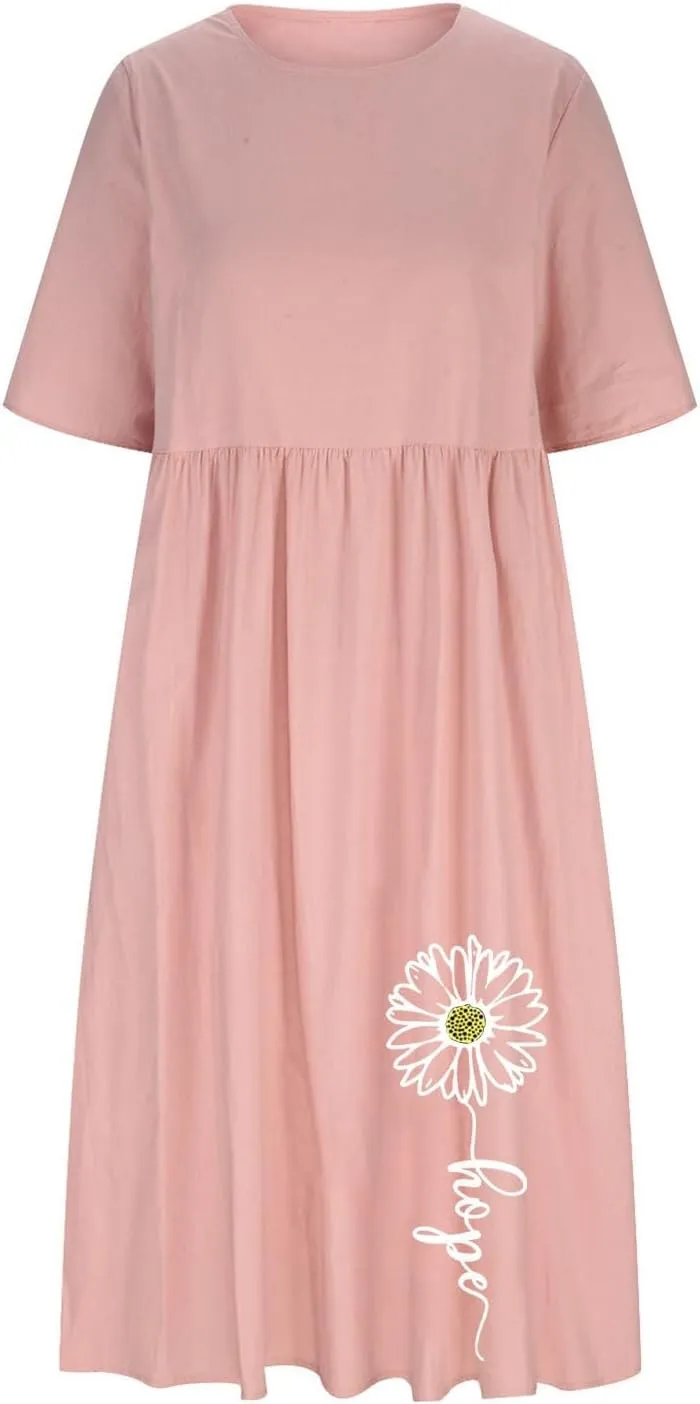 Women's Casual Short Sleeve Summer Long Dress Fashion Floral Print Pleated Loose Dress Comfort Lounge Dress