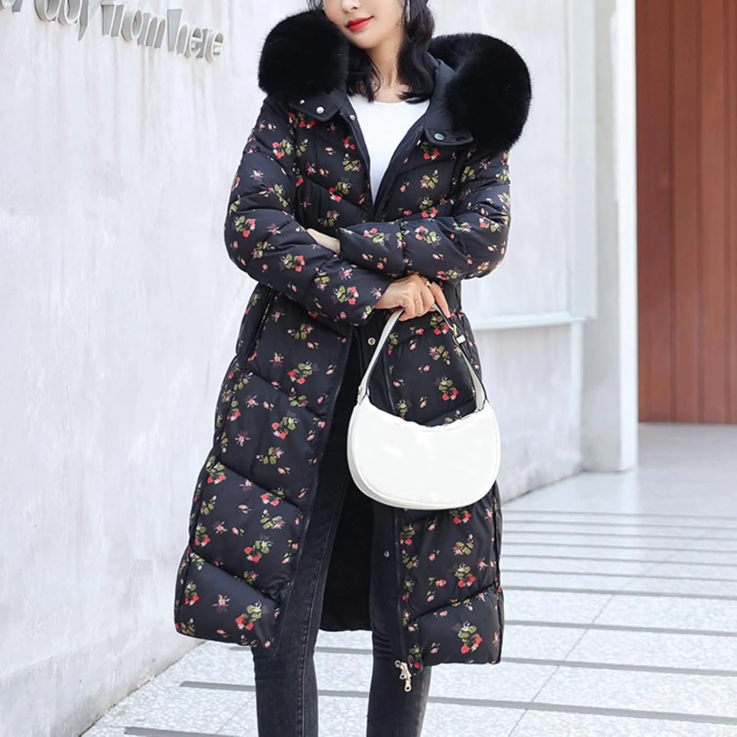 Womens Casual Solid Long Puffer Jacket Fashion Street Go Out Hooded Zipper Down Coat 2024 Winter Warm Outwear Outfits