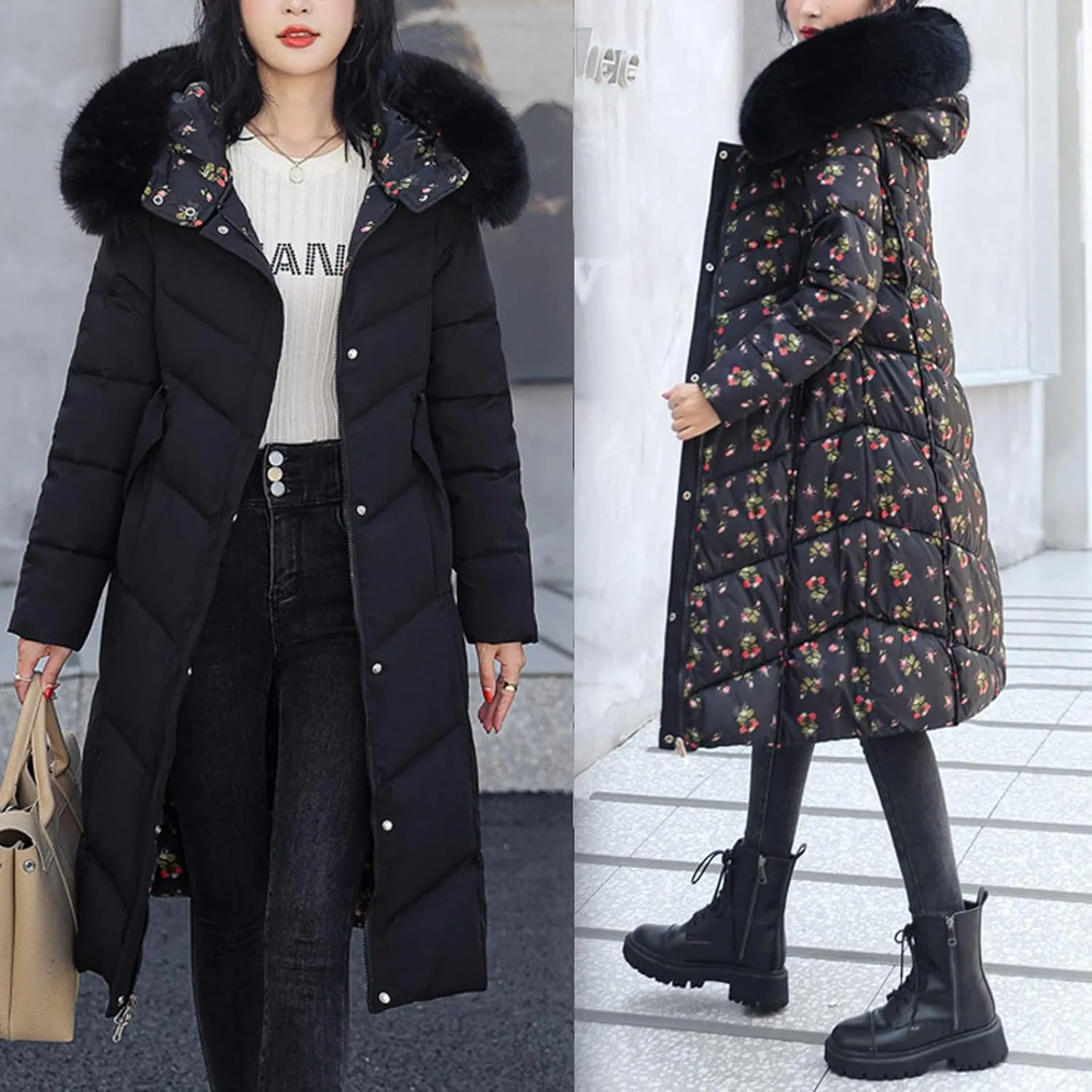 Womens Casual Solid Long Puffer Jacket Fashion Street Go Out Hooded Zipper Down Coat 2024 Winter Warm Outwear Outfits