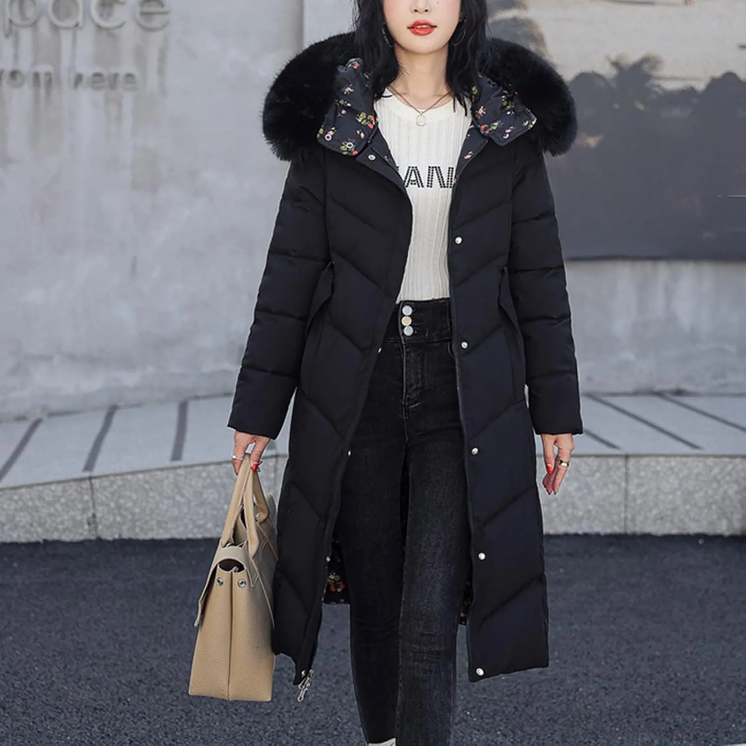Womens Casual Solid Long Puffer Jacket Fashion Street Go Out Hooded Zipper Down Coat 2024 Winter Warm Outwear Outfits