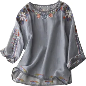Women's Cotton Linen Button 3/4 Sleeve Shirts Summer Loose Crew Neck Casual Boho Tops Vintage Embroidered Tee Blouses