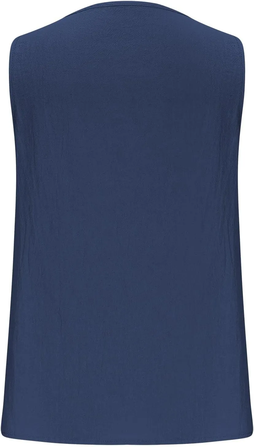 Women's Cotton Linen Tank Tops Hollow Out V Neck Sleeveless Solid Color Shirts Blouses Summer Casual Loose Tops