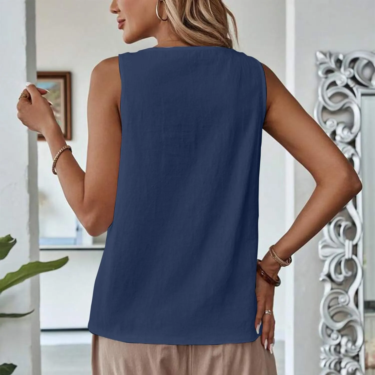 Women's Cotton Linen Tank Tops Hollow Out V Neck Sleeveless Solid Color Shirts Blouses Summer Casual Loose Tops