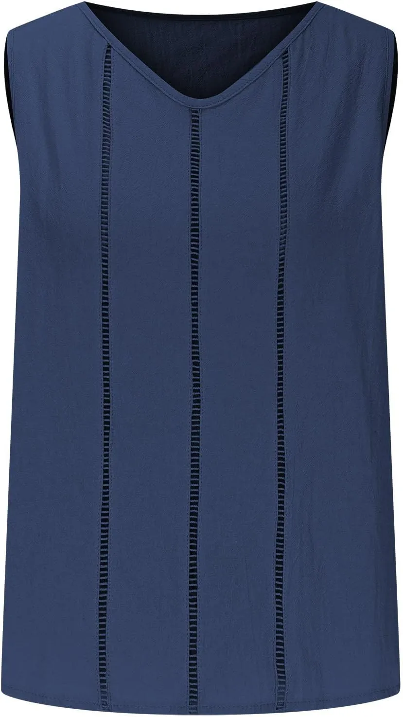 Women's Cotton Linen Tank Tops Hollow Out V Neck Sleeveless Solid Color Shirts Blouses Summer Casual Loose Tops