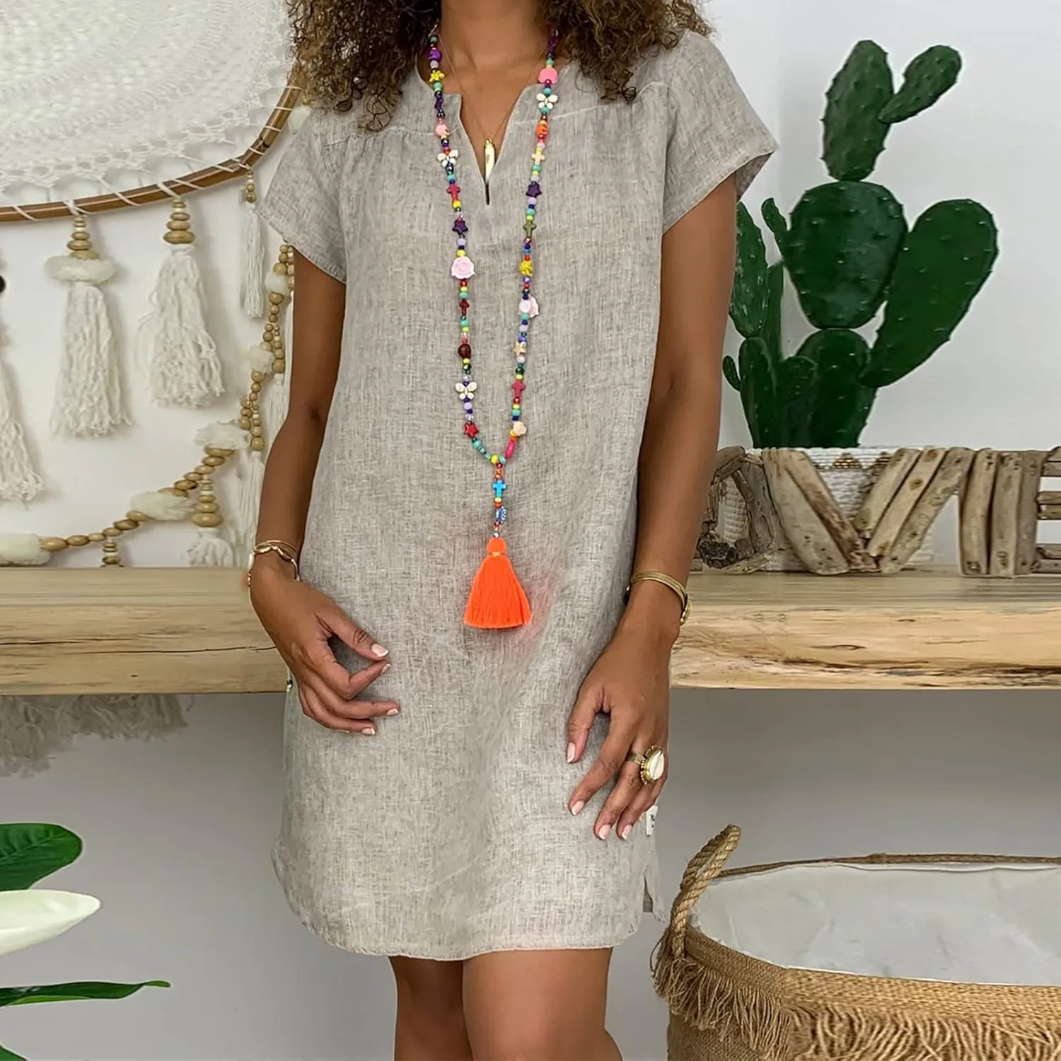 Women's Cotton Linen Tshirt Dresses Short Sleeve Casual Fashion Dress Shift Mini Dresses Vintage Spring Holiday Dresses