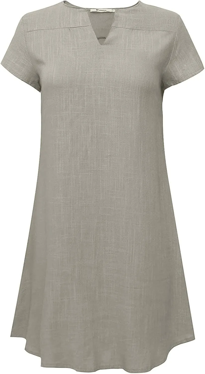 Women's Cotton Linen Tshirt Dresses Short Sleeve Casual Fashion Dress Shift Mini Dresses Vintage Spring Holiday Dresses