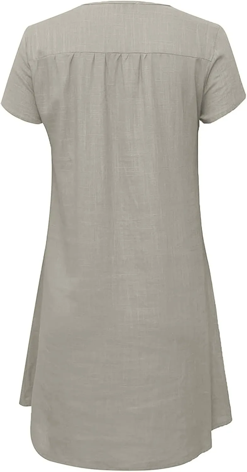 Women's Cotton Linen Tshirt Dresses Short Sleeve Casual Fashion Dress Shift Mini Dresses Vintage Spring Holiday Dresses