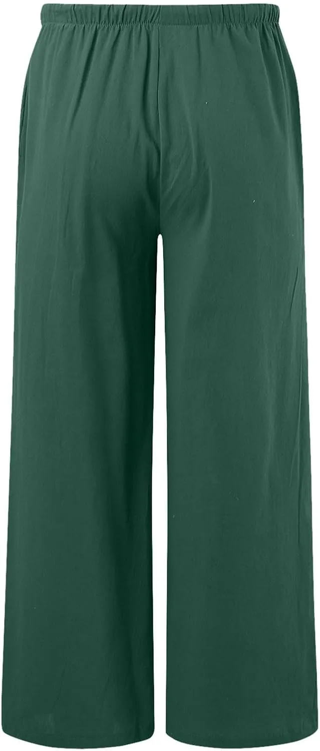Womens Cotton Linen Wide Leg Pants Palazzo Flowy Pants Summer Elastic High Waist Beach Pants Comfy Pants with Pockets