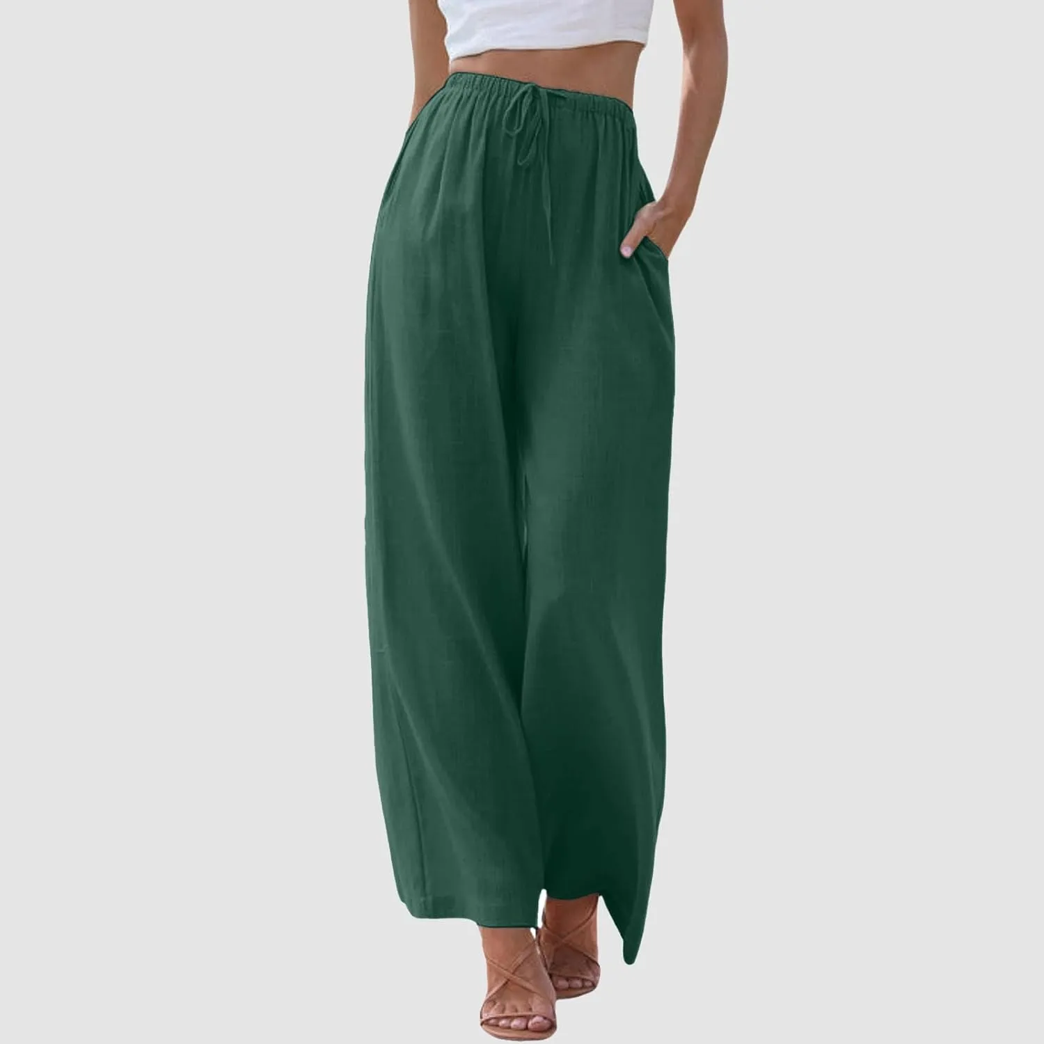 Womens Cotton Linen Wide Leg Pants Palazzo Flowy Pants Summer Elastic High Waist Beach Pants Comfy Pants with Pockets