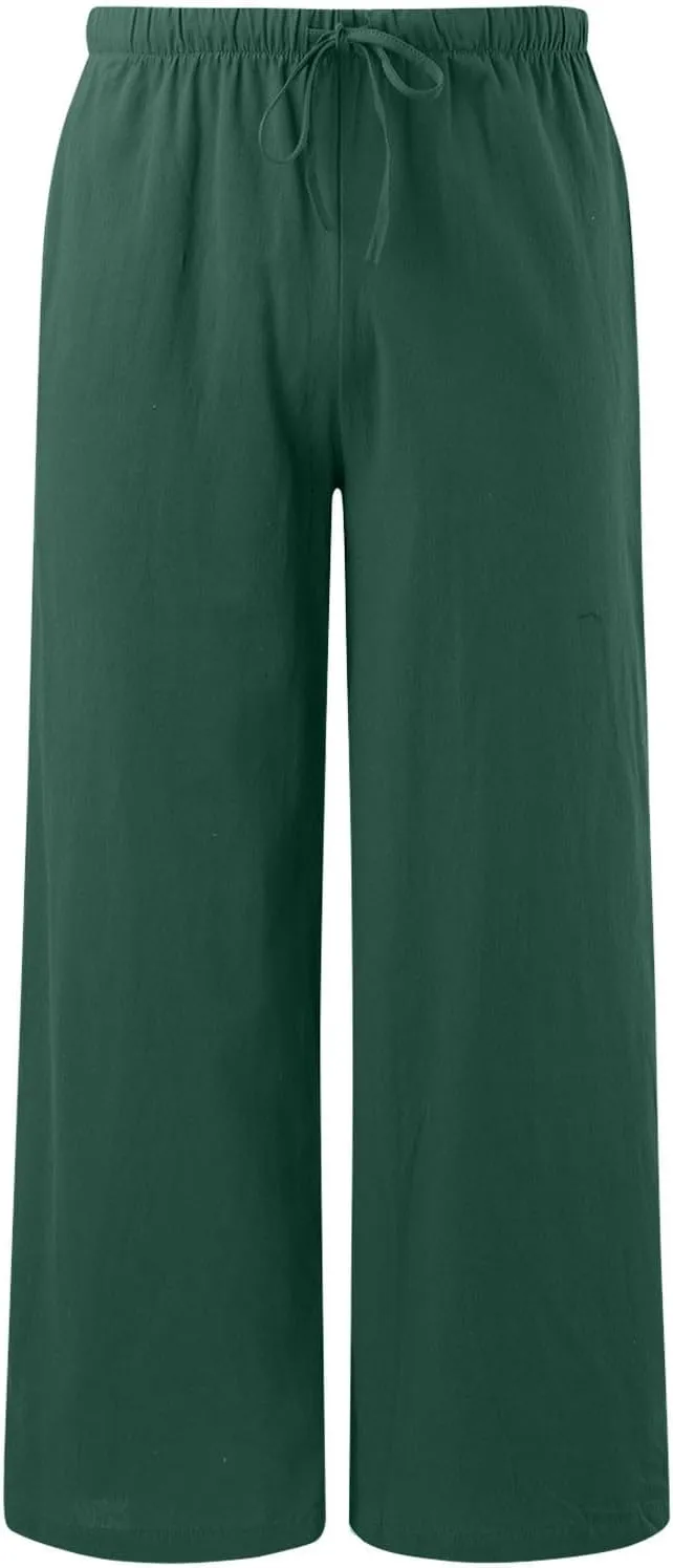 Womens Cotton Linen Wide Leg Pants Palazzo Flowy Pants Summer Elastic High Waist Beach Pants Comfy Pants with Pockets