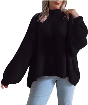 Women's Fall Oversized Turtleneck Sweaters Long Sleeve Drop Shoulder Loose Fuzzy Knit Slouchy Pullover Sweater Tops