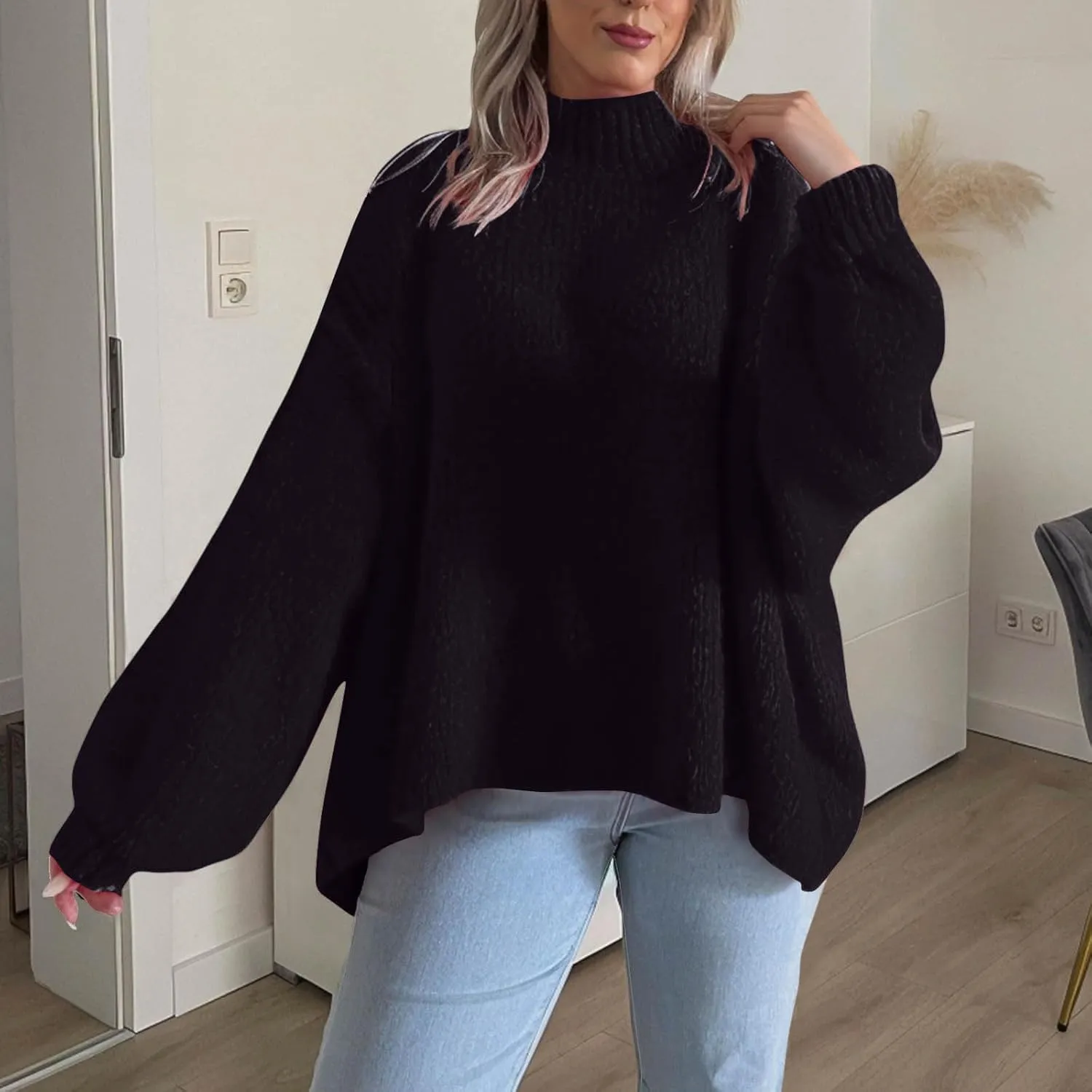 Women's Fall Oversized Turtleneck Sweaters Long Sleeve Drop Shoulder Loose Fuzzy Knit Slouchy Pullover Sweater Tops