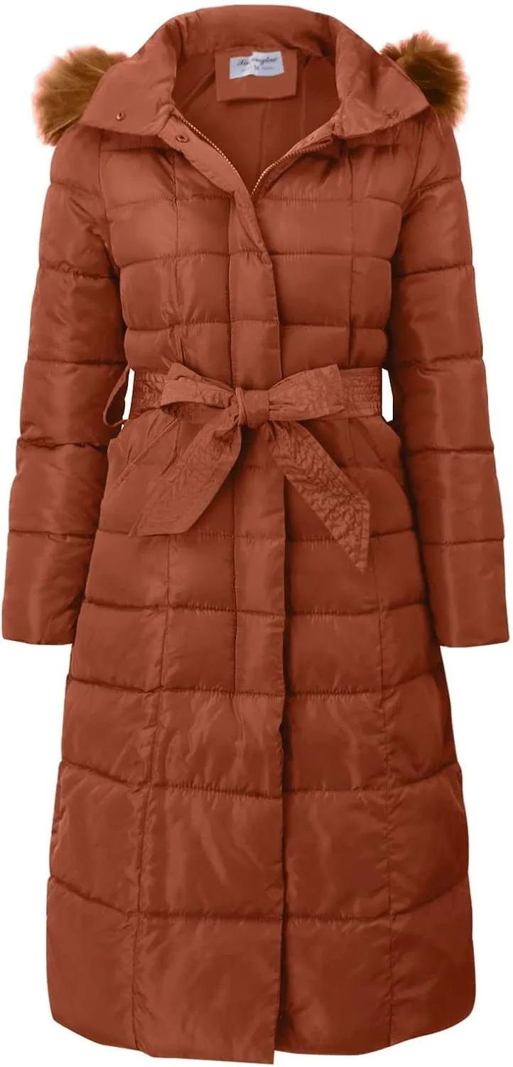 Womens Fashion Elegant Puffer Jacket Oversized Hooded Down Coat with Belt Casual Long Sleeve Outing Quilted Outwear