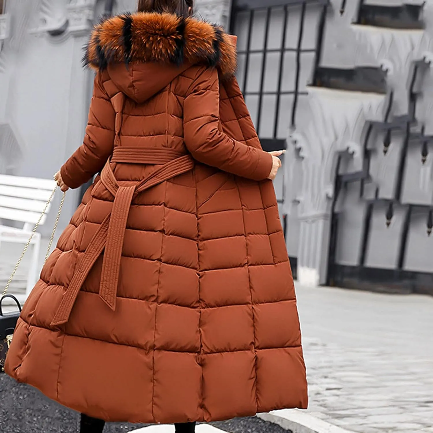 Womens Fashion Elegant Puffer Jacket Oversized Hooded Down Coat with Belt Casual Long Sleeve Outing Quilted Outwear