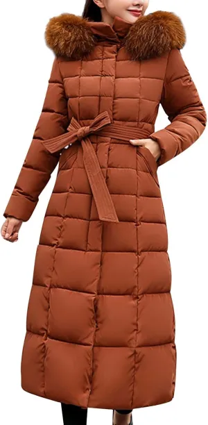 Womens Fashion Elegant Puffer Jacket Oversized Hooded Down Coat with Belt Casual Long Sleeve Outing Quilted Outwear