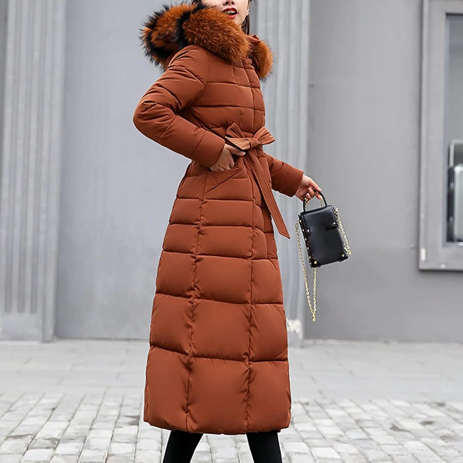 Womens Fashion Elegant Puffer Jacket Oversized Hooded Down Coat with Belt Casual Long Sleeve Outing Quilted Outwear