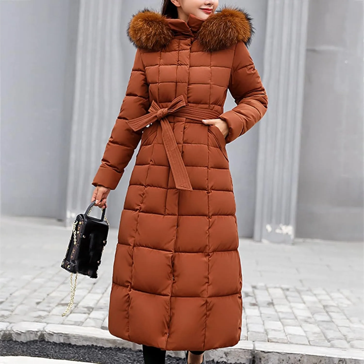 Womens Fashion Elegant Puffer Jacket Oversized Hooded Down Coat with Belt Casual Long Sleeve Outing Quilted Outwear