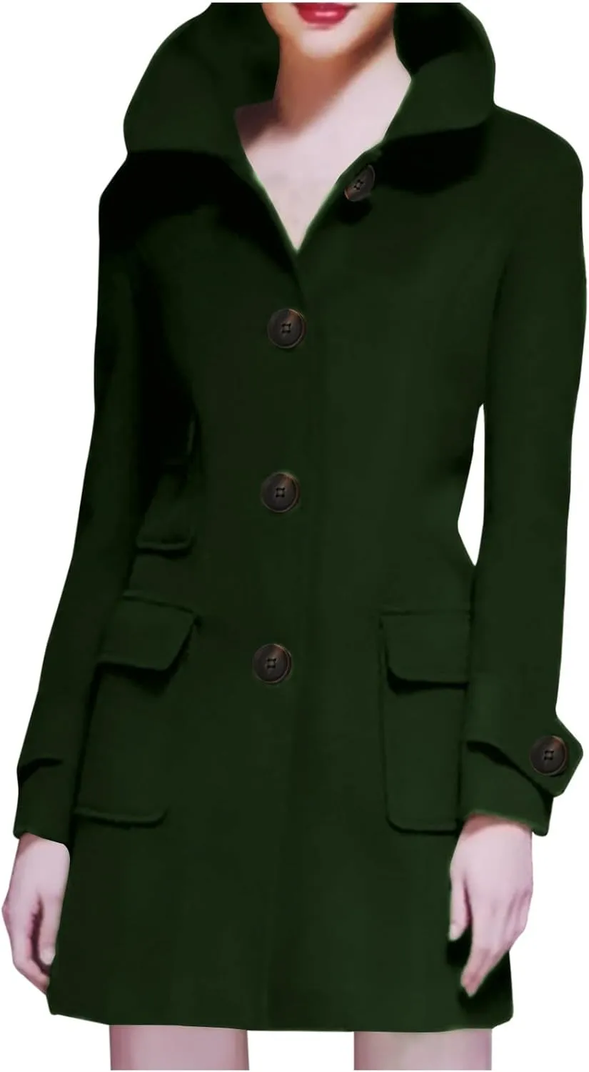 Womens Jacket Wool Blend Coats Vintage Single Breasted Lapel Overcoat Long Sleeve Casual Slim Fit Button Cardigan