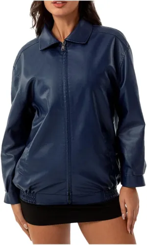 Womens Light Jackets Long Sleeve Full Zip Up Stand Collar Quilted Windbreaker Biker Coat Leather Soft Casual Fluffy