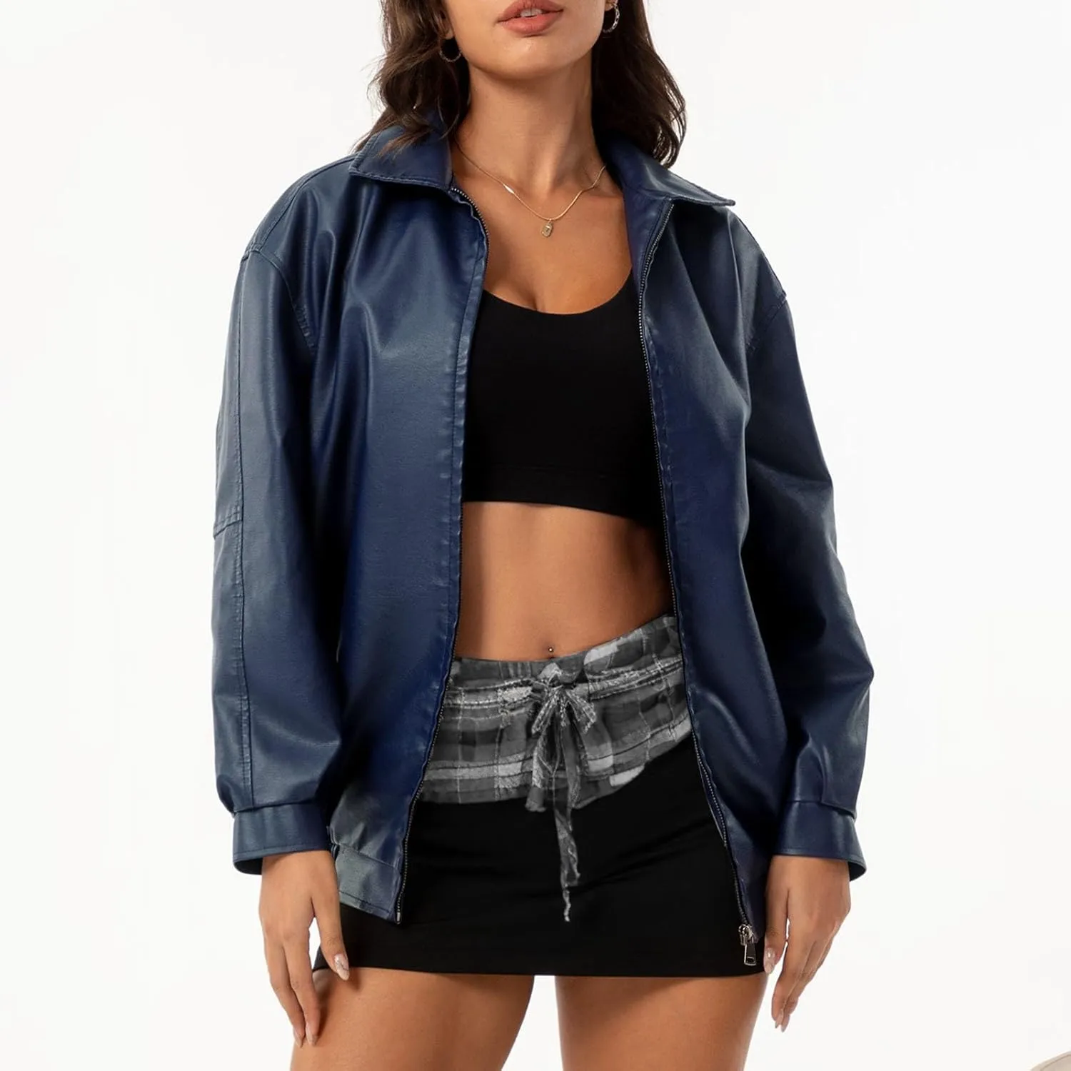 Womens Light Jackets Long Sleeve Full Zip Up Stand Collar Quilted Windbreaker Biker Coat Leather Soft Casual Fluffy