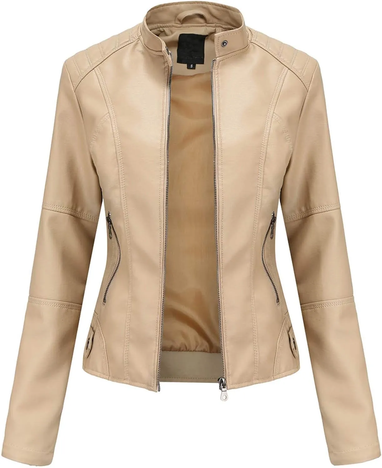 Womens Light Jackets Long Sleeve Full Zip Up Stand Collar Quilted Windbreaker Biker Coat Leather Soft Casual Fluffy