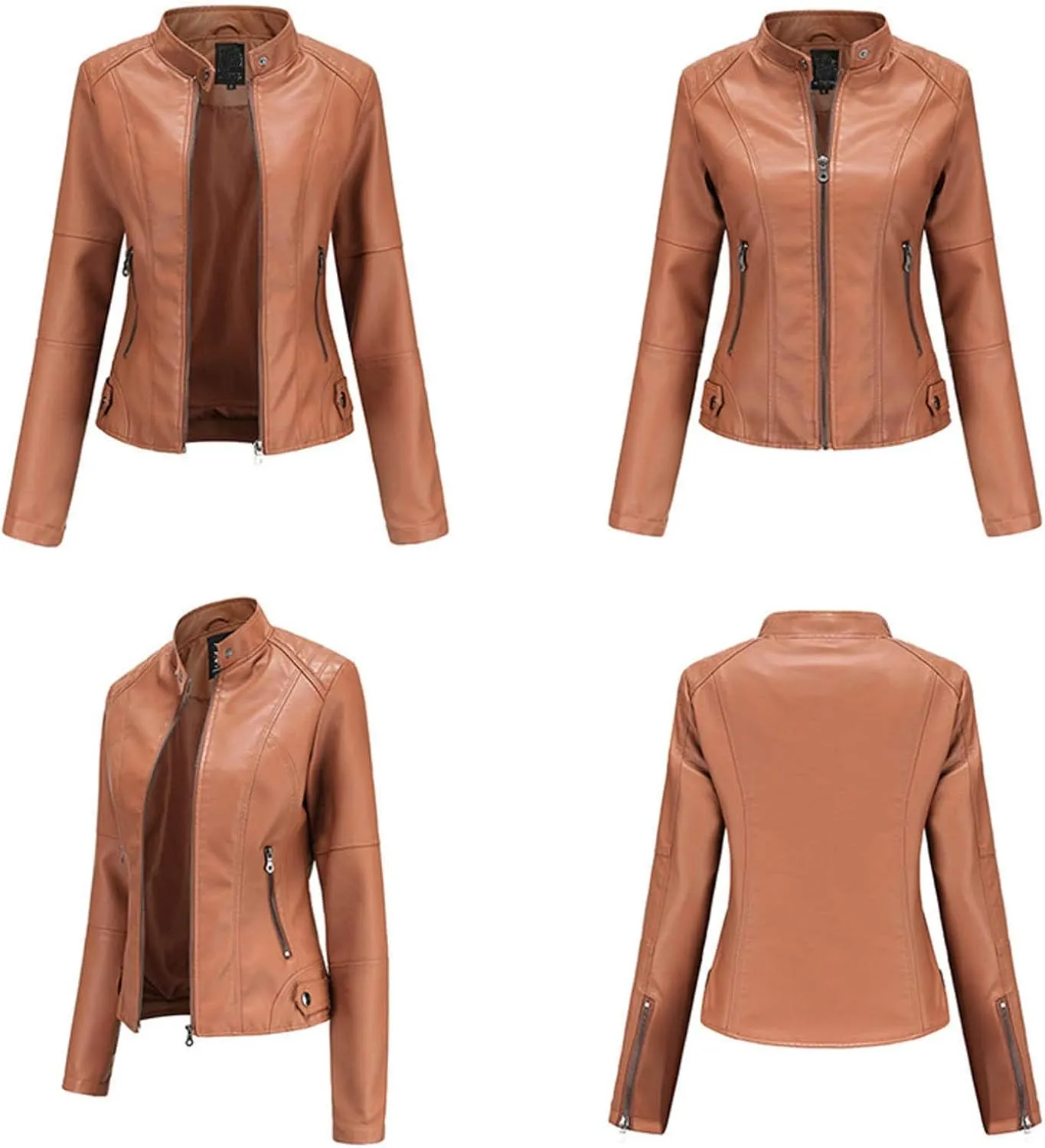 Womens Light Jackets Long Sleeve Full Zip Up Stand Collar Quilted Windbreaker Biker Coat Leather Soft Casual Fluffy