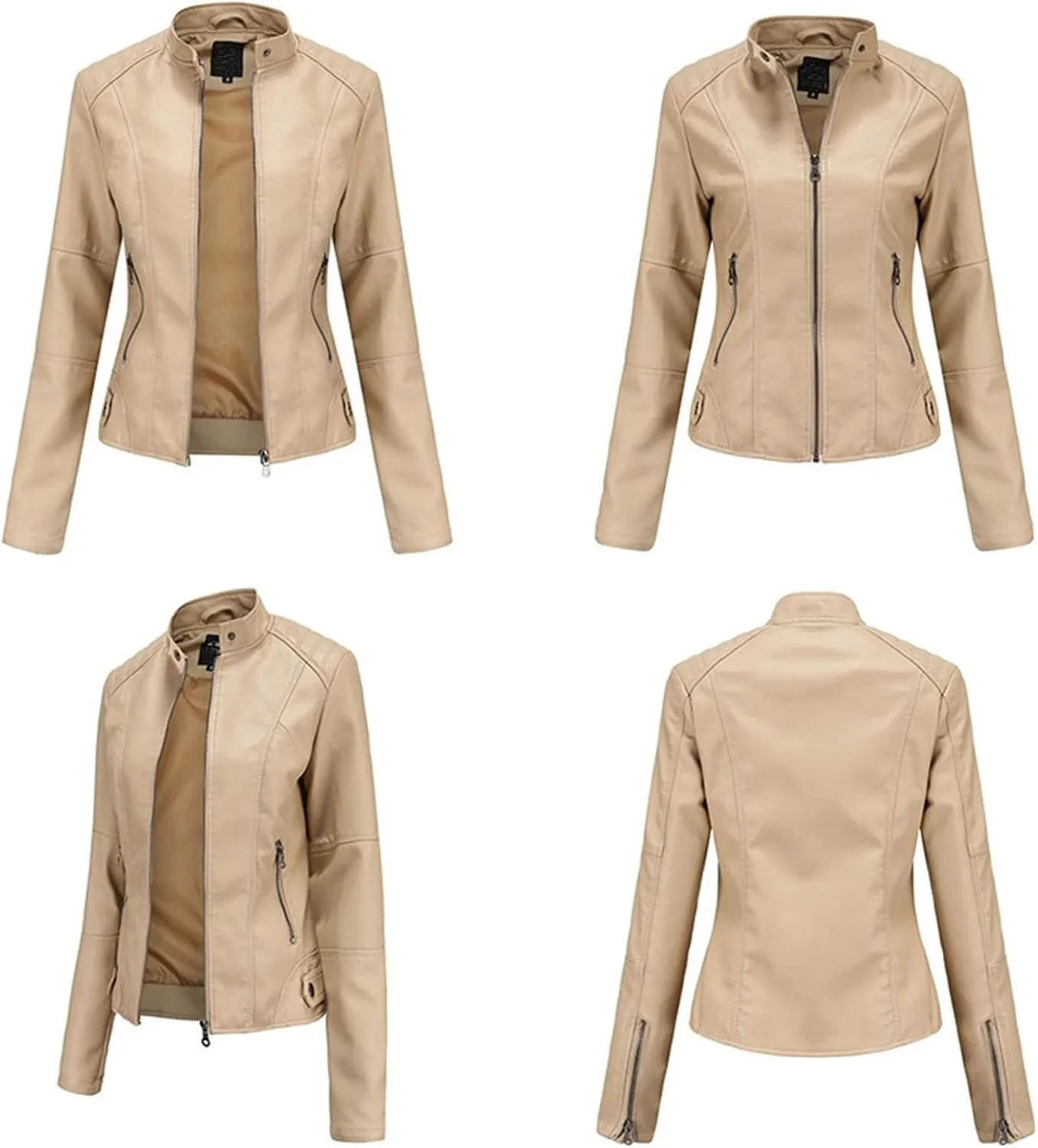 Womens Light Jackets Long Sleeve Full Zip Up Stand Collar Quilted Windbreaker Biker Coat Leather Soft Casual Fluffy