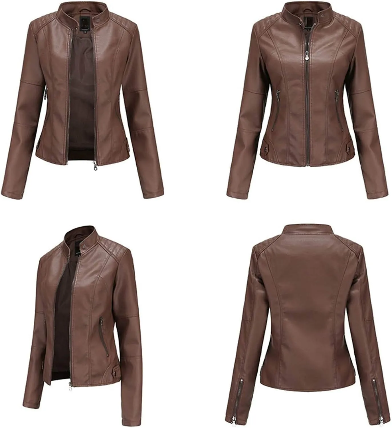 Womens Light Jackets Long Sleeve Full Zip Up Stand Collar Quilted Windbreaker Biker Coat Leather Soft Casual Fluffy