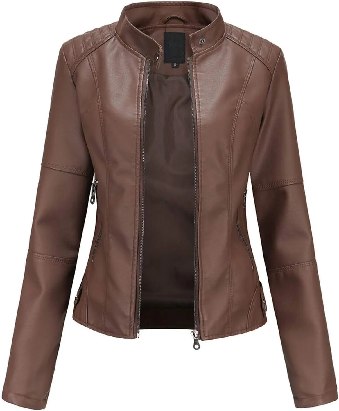 Womens Light Jackets Long Sleeve Full Zip Up Stand Collar Quilted Windbreaker Biker Coat Leather Soft Casual Fluffy