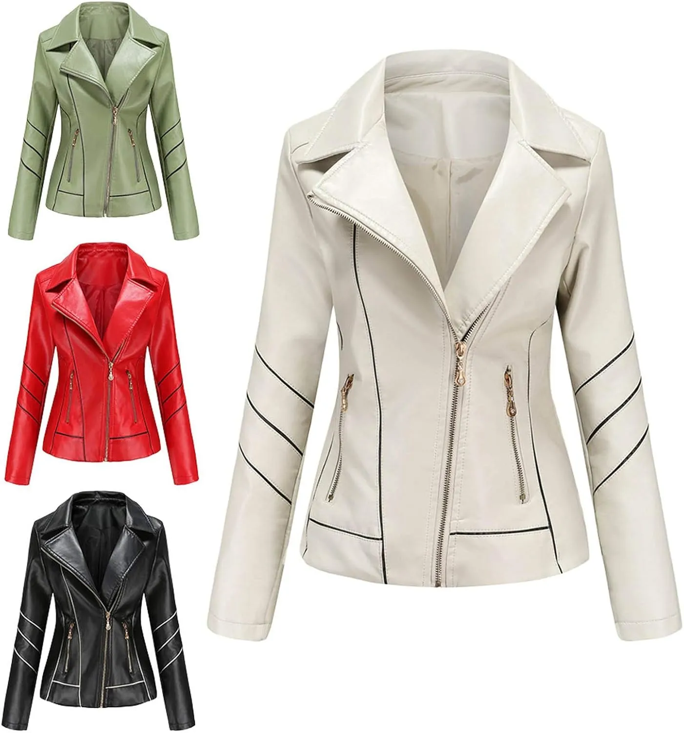 Womens Light Jackets Long Sleeve Full Zip Up Stand Collar Quilted Windbreaker Biker Coat Leather Soft Casual Fluffy