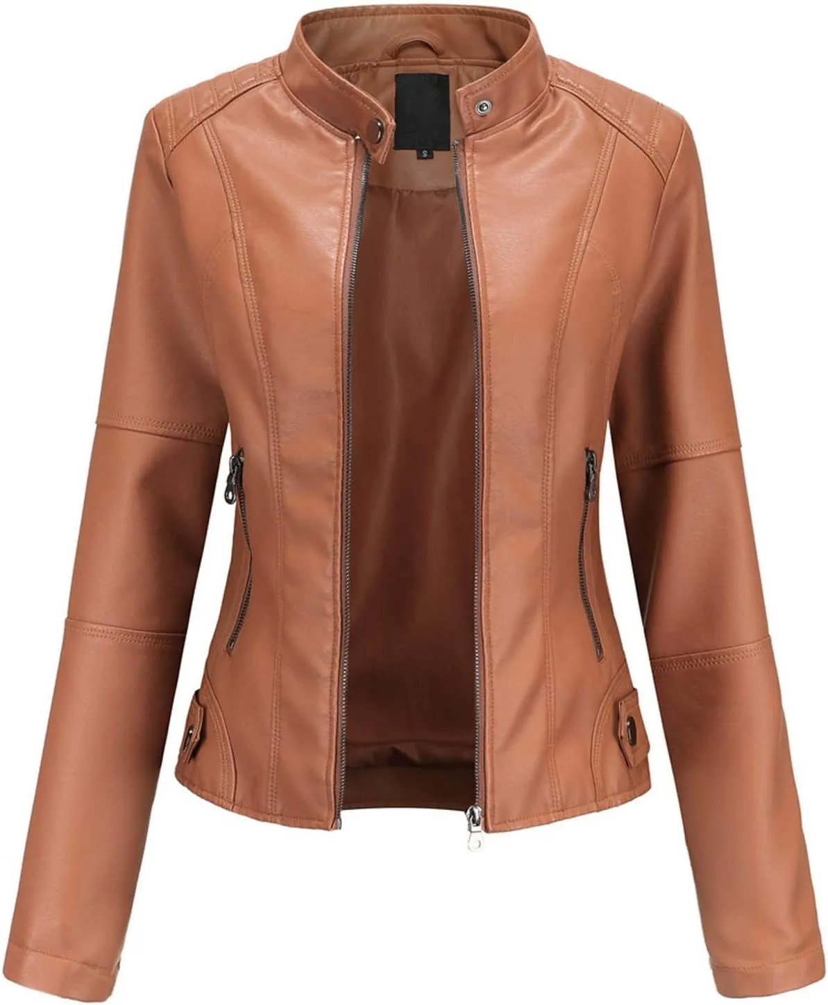 Womens Light Jackets Long Sleeve Full Zip Up Stand Collar Quilted Windbreaker Biker Coat Leather Soft Casual Fluffy
