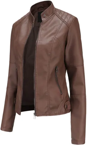 Womens Light Jackets Long Sleeve Full Zip Up Stand Collar Quilted Windbreaker Biker Coat Leather Soft Casual Fluffy