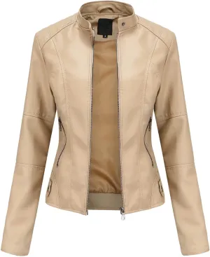 Womens Light Jackets Long Sleeve Full Zip Up Stand Collar Quilted Windbreaker Biker Coat Leather Soft Casual Fluffy