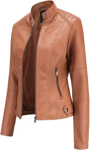 Women's Light Jackets Long Sleeve Zip Leather Quilted Quilt Biker Coat Moto Biker Jacket Soft Retro Cardigans Tops