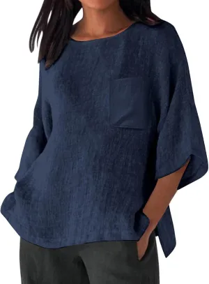 Womens Linen 3/4 Sleeve Blouse Loose Fit Crew Neck T Shirts Summer Casual Solid Tops