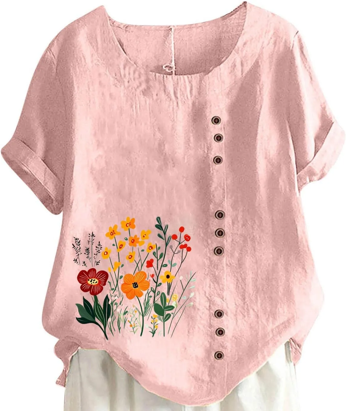 Women's Linen Button Down Shirts Plus Size Tops Floral Print Summer Blouses Comfy Casual Tunic Tops Loose Fit Tshirts