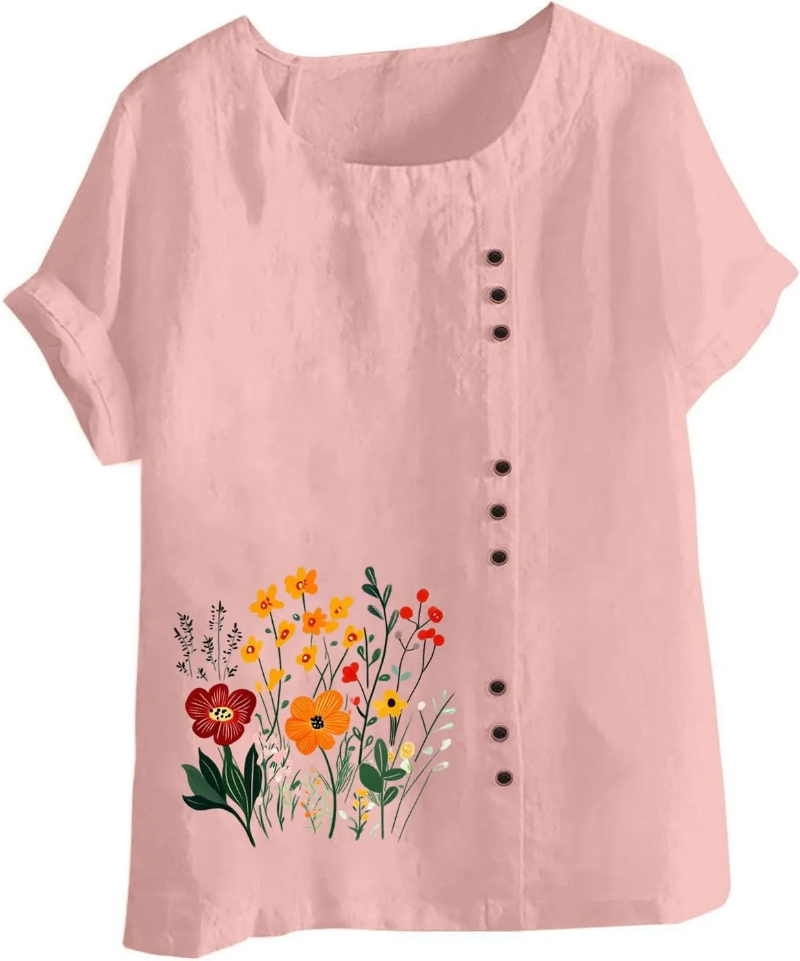 Women's Linen Button Down Shirts Plus Size Tops Floral Print Summer Blouses Comfy Casual Tunic Tops Loose Fit Tshirts